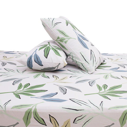 Leaf Patterns Double Bed Sheet (96x102) with 2 Pillow Covers – 100% Cotton Soft Floral Line Art Design