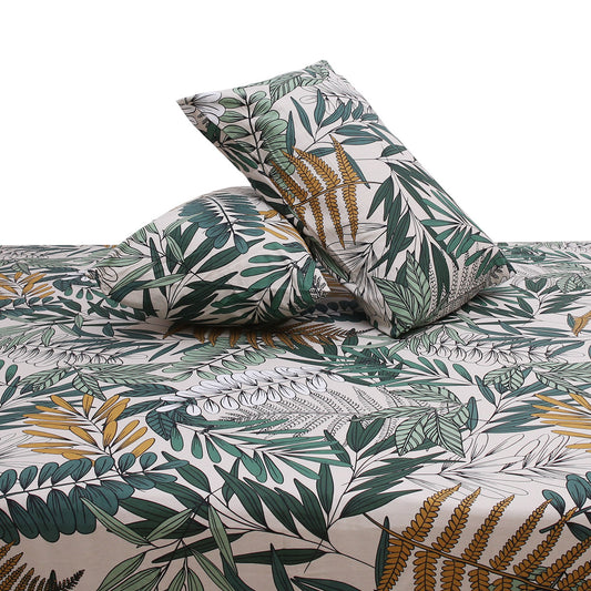 Leafy Texture Double Bed Sheet (96x102) with 2 Pillow Covers – 100% Cotton Botanical Print in Green & Mustard