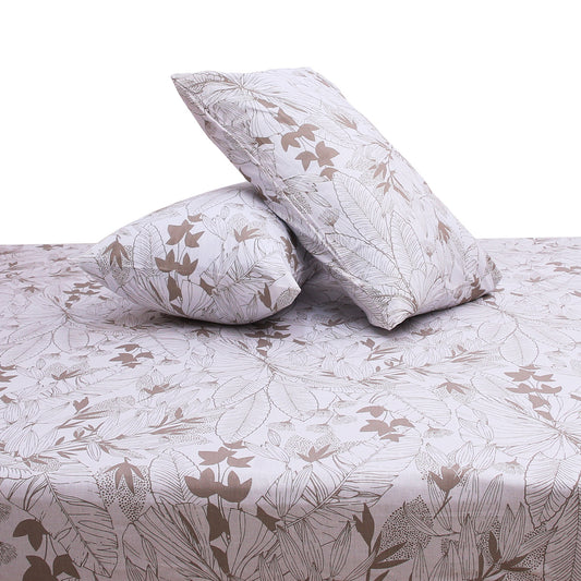 Linear Mocha Double Bed Sheet (96x102) with 2 Pillow Covers – 100% Cotton Subtle Leaf Print in Beige & Mocha