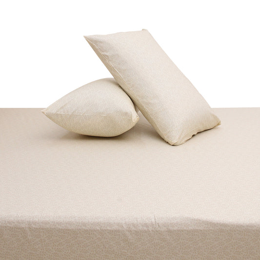Neutral Drama Double Bed Sheet (96x102) with 2 Pillow Covers – 100% Cotton Percale Subtle Beige Leaf Print