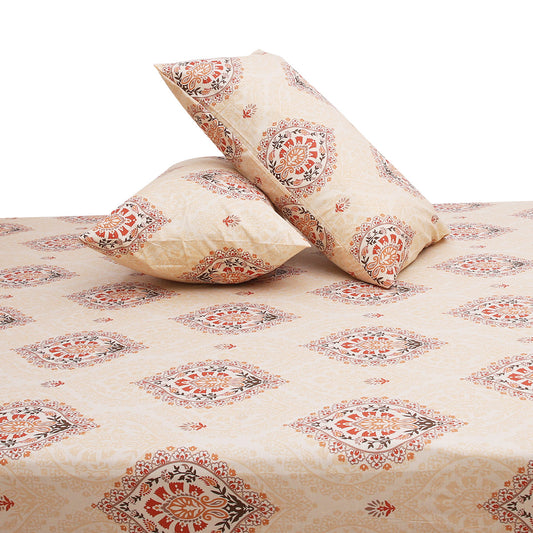 Paisley Motifs Double Bed Sheet (96x102) with 2 Pillow Covers – 100% Cotton Percale in Beige & Terracotta Print