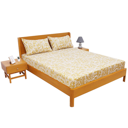 Yellow Texture Double Bed Sheet (96x102) with 2 Pillow Covers – 100% Cotton Percale Abstract Leaf Print