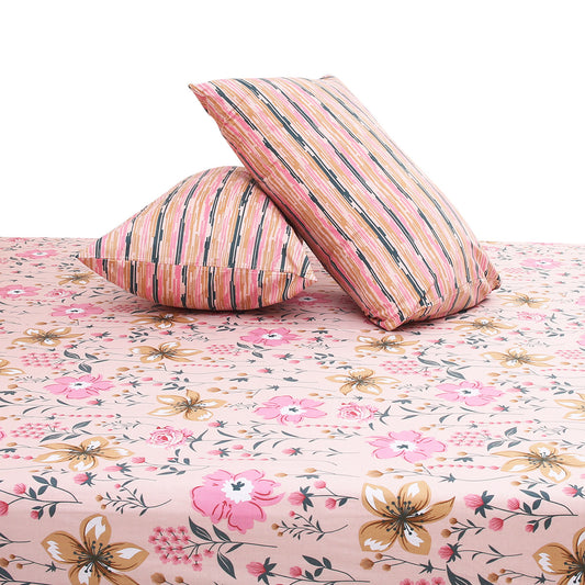 Pink Floral Double Bed Sheet with Pillow Covers Printed Bedsheet 92x98 Inch - Habitt