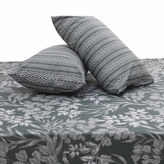 Gray Flora Double Bed Sheet Set | Elegant Floral Printed Bedding | 94x98 Inches - Habitt