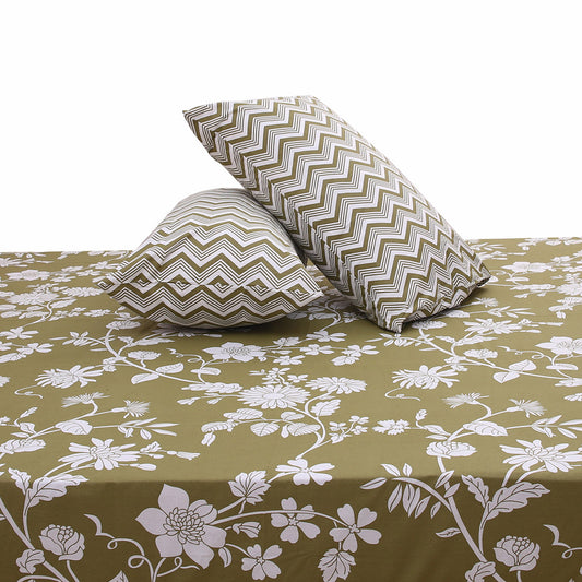 Mustard Green Double Bed Sheet Set | Elegant Floral Printed Bedding | 94x98 Inches - Habitt