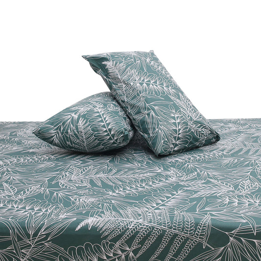 Emerald Leaf Double Bed Sheet (96x102) with 2 Pillow Covers – 100% Cotton Botanical Line Art Print