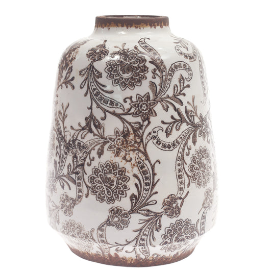 Ceramic Vase Printed White & Brown 6 X 6 X 8 Inch TYX034