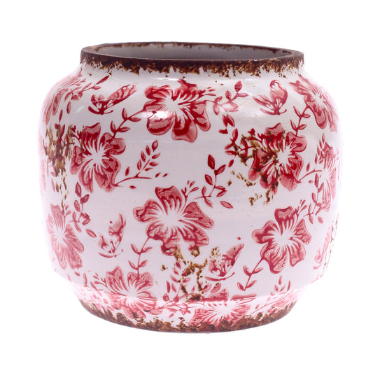 Ceramic Vase Printed White & Red 6.67 X 6.67 X 6 Inch TYX031