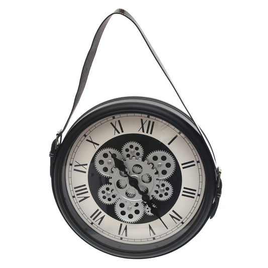 Industrial Gear Design Black & White Wall Clock with Hanging Strap (Model 191)