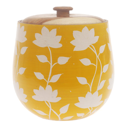 Handcrafted Naqshi Art Storage Jar with Yellow & White Floral Design
