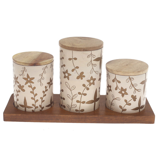 White & Gold Harmony 7Pcs Jar Set – Handcrafted Naqshi Art Wooden Storage Jars with Tray