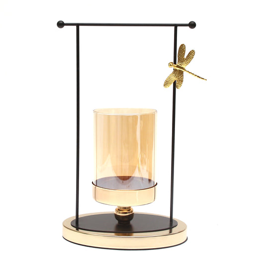 Gold & Black Frame Pillar Candle Holder with Dragonfly Accent – Large