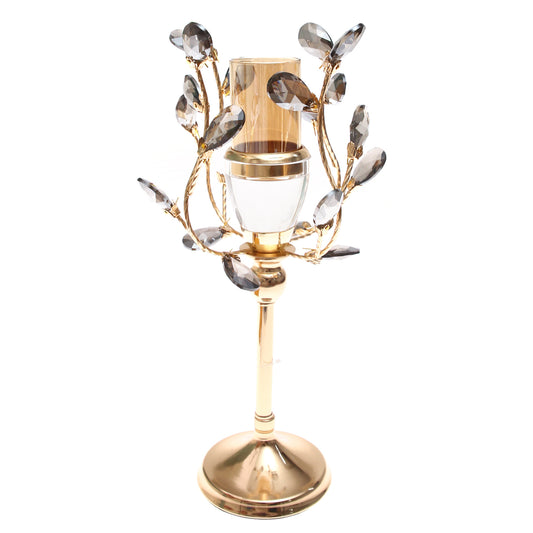 Gold & Grey Crystal Pillar Candle Holder – 12×37 cm (Medium)