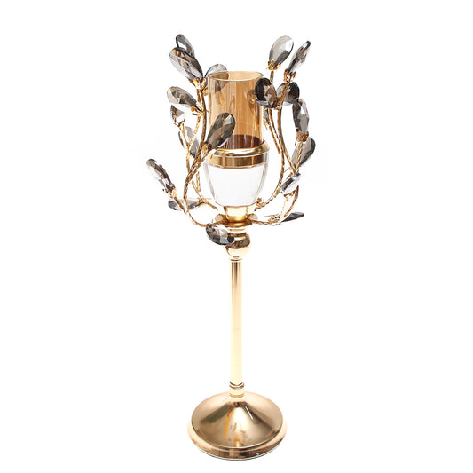 Gold & Grey Crystal Pillar Candle Holder – 12×40 cm (Large)