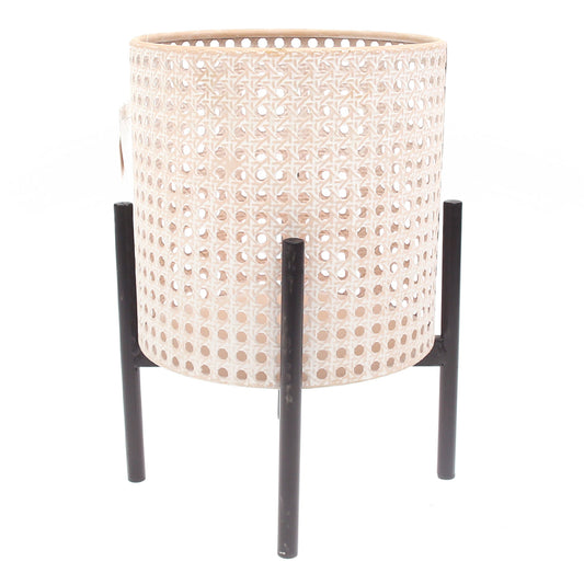 Round Hole Planter White & Beige – Small Decorative Cane-Style Pot with Stand