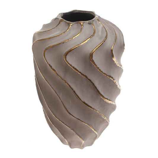 Grey & Gold Wave-Textured Ceramic Vase – Large