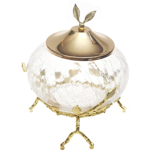 Gold Console Decorative Jar with Crackle Glass & Leaf Lid – 6 x 8 Inch Luxury Accent Piece