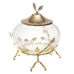Gold Console Decorative Jar with Crackle Glass & Leaf Lid – 6 x 8 Inch Luxury Accent Piece