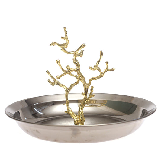 Large Silver Console Decorative Bowl with Gold Branch Accent – 9 x 7 Inch