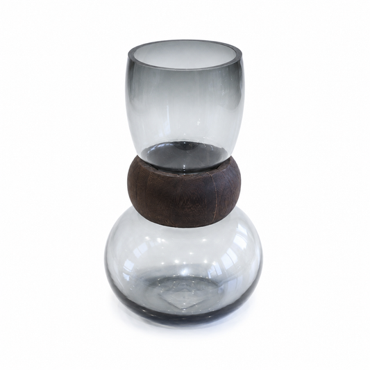 Grey Glass Vase with Wooden Collar – Modern Bottle Shape Decorative Vase (Medium) - Habitt