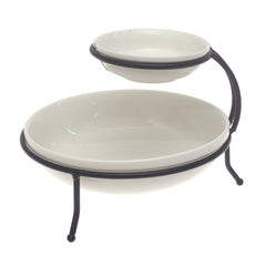 Round Chip & Dip Serving Set – White Ceramic Bowl with Metal Stand - Habitt