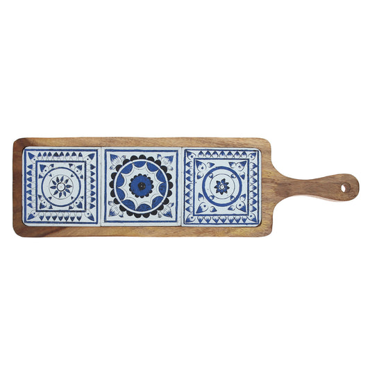 Long Wooden Serving Platter with Light Blue Ceramic Tiles – 17.5" x 5"