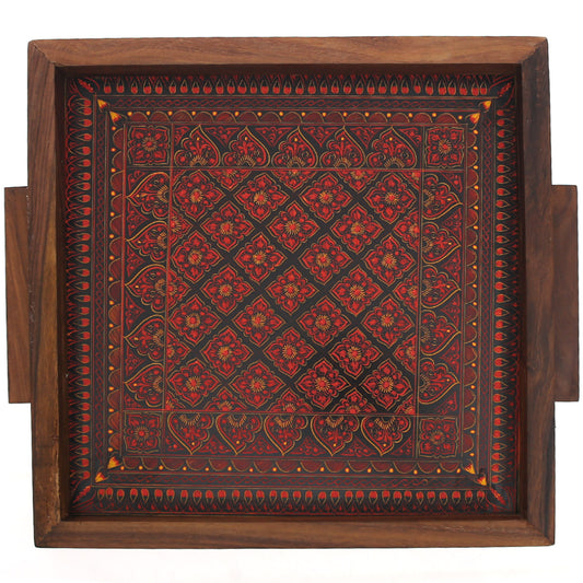 Square Wooden Serving Tray with Maroon Pattern – 14" x 14"