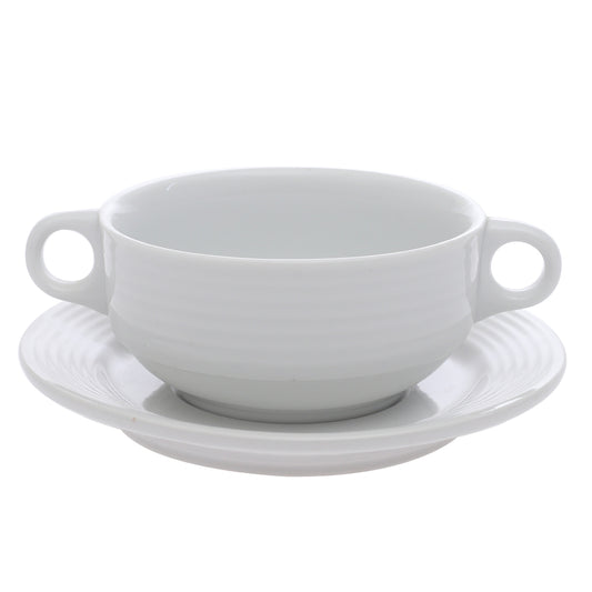 Porcelain Soup Cup with Saucer – Essence White Ribbed Design, Dishwasher & Microwave Safe