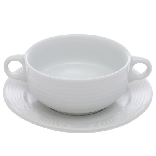 Porcelain Soup Cup with Saucer – Essence White Ribbed Design, Dishwasher & Microwave Safe