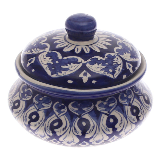 Blue Pottery Handi with Lid – Medium Size Traditional Ceramic Serving Bowl (Multi-Design)