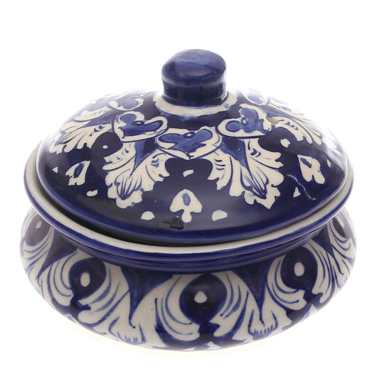 Blue Pottery Handi with Lid – Small Size Traditional Ceramic Serving Bowl (Multi-Design)