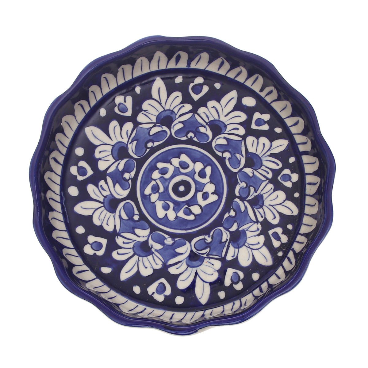 Blue Pottery Round Wavy Dish – Large Handcrafted Ceramic Serving Bowl (7773EE Design) - Habitt