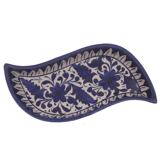 Handcrafted Blue Pottery Spiral Dish – Decorative Leaf-Shaped Serving Plate
