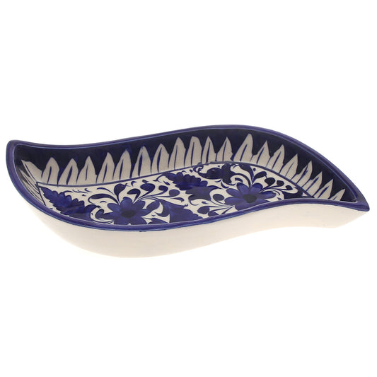 Handcrafted Blue Pottery Spiral Dish – Decorative Leaf-Shaped Serving Plate