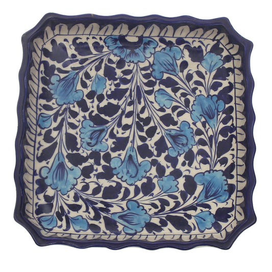 Handcrafted Blue Pottery Square Deep Platter – Medium Multi-Color Floral Serving Dish
