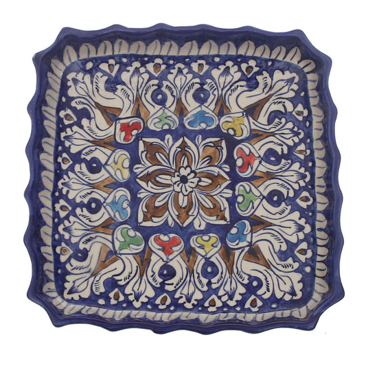 Handcrafted Blue Pottery Square Deep Platter – Large Multi-Color Floral Serving Dish