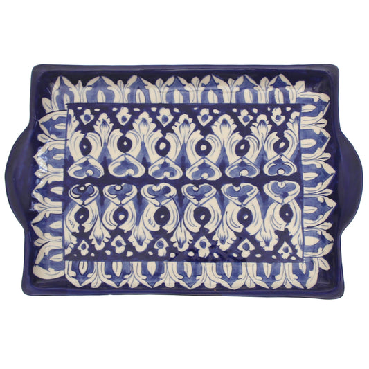 Handcrafted Blue Pottery Square Flat Platter – Multi-Color Floral Serving Tray