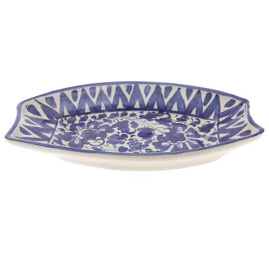 Handcrafted Blue Pottery V-Shaped Oval Platter – Floral Serving Dish