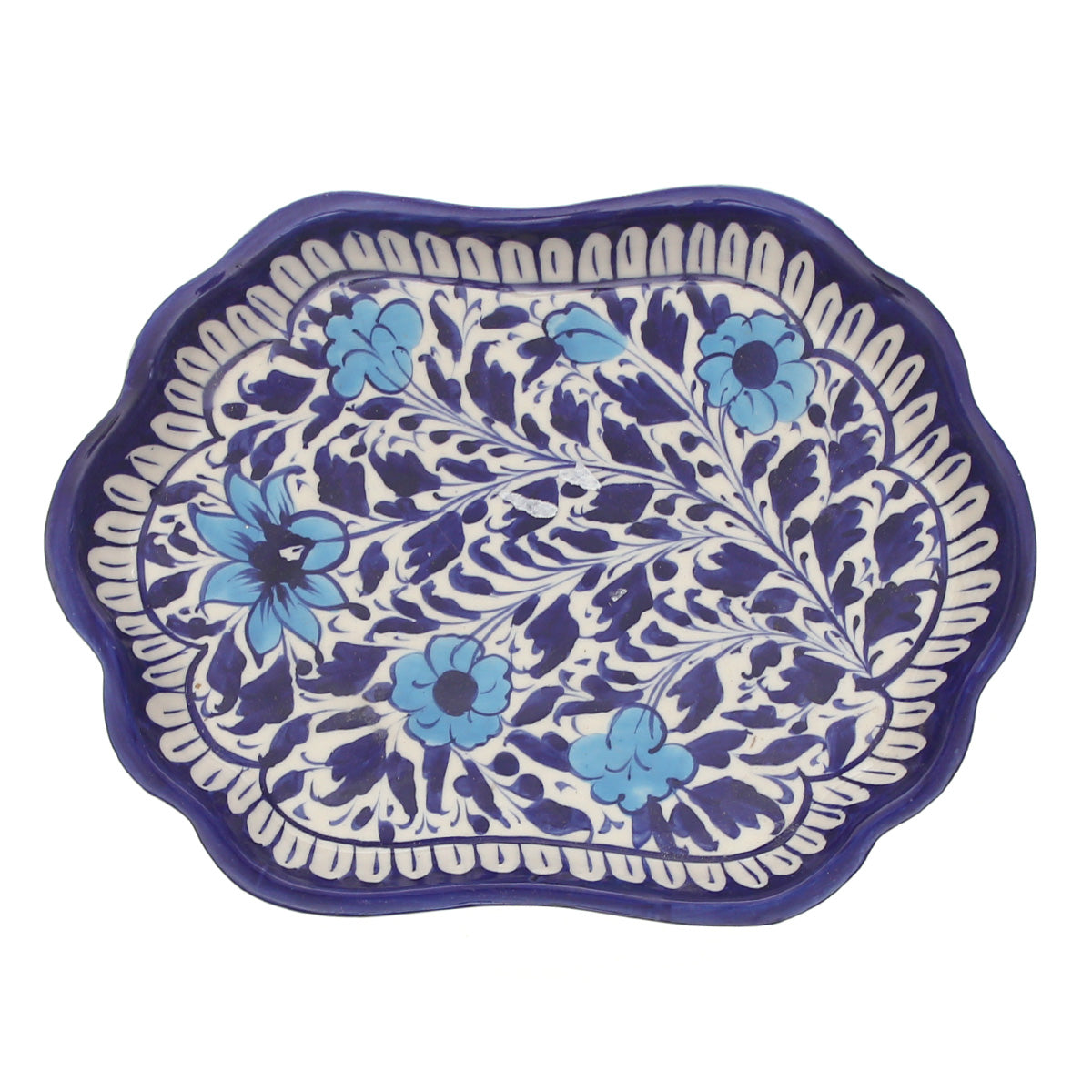 Handcrafted Blue Pottery Wavy Oval Platter – Floral Decorative Serving Dish - Habitt