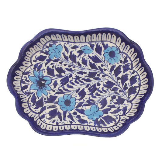 Handcrafted Blue Pottery Wavy Oval Platter – Floral Decorative Serving Dish