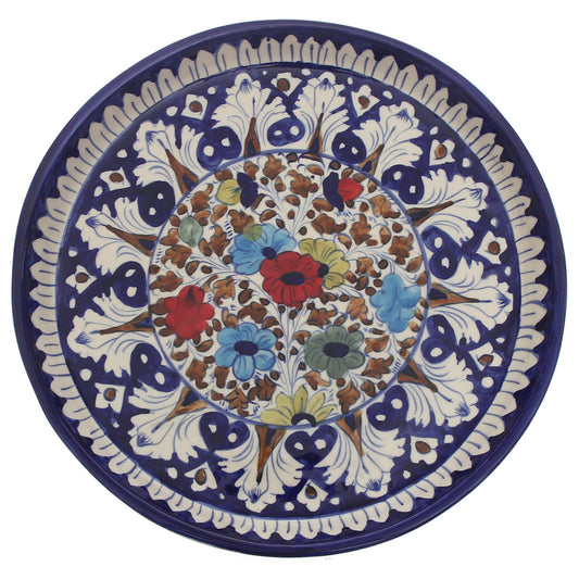Handcrafted Blue Pottery Round Platter – Large Multi-Color Floral Serving Dish