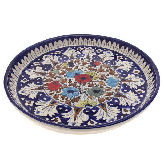 Handcrafted Blue Pottery Round Platter – Large Multi-Color Floral Serving Dish
