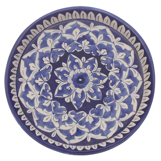 Handcrafted Blue Pottery Round Platter – Medium Floral Decorative Serving Dish