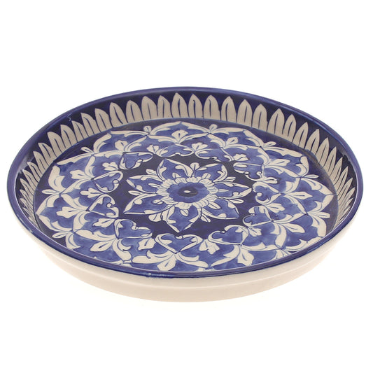 Handcrafted Blue Pottery Round Platter – Medium Floral Decorative Serving Dish