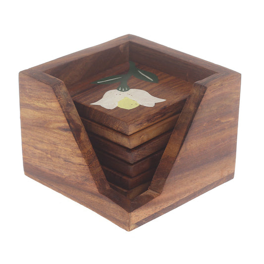 Painted Grain Naqshi Art Coasters – Handcrafted Wooden Coasters with White Flower & Green Leaf (Set of 6)