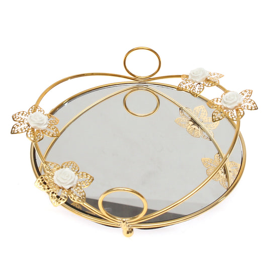 Golden Iron & Glass Decorative Round Tray with White Flowers – J2315-3S