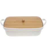 White Ceramic Serving Dish with Bamboo Lid 7.5 x 11 Inch – Rectangular Covered Serving Dish - Habitt