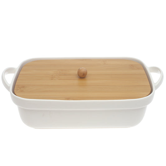 White Ceramic Serving Dish with Bamboo Lid 7.5 x 11 Inch – Rectangular Covered Serving Dish - Habitt