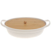 White Ceramic Serving Dish with Bamboo Lid 8.5 x 11.5 Inch – Oval Covered Serving Dish with Handles - Habitt