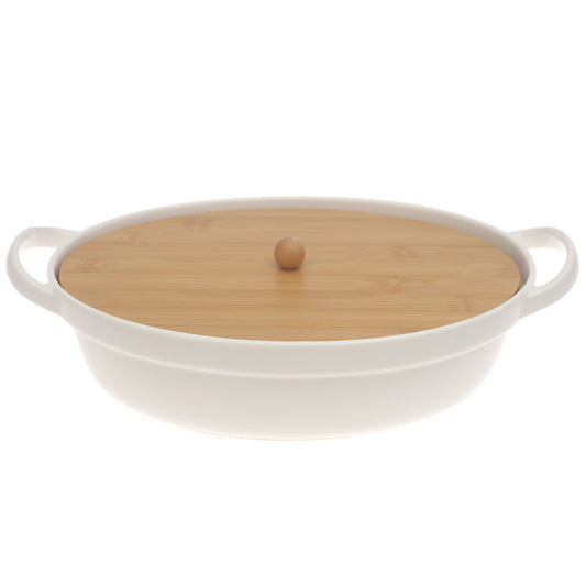 White Ceramic Serving Dish with Bamboo Lid 8.5 x 11.5 Inch – Oval Covered Serving Dish with Handles - Habitt